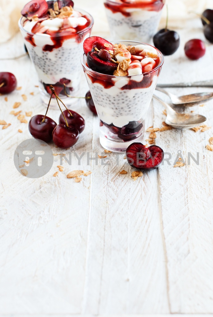 Cherry and yogurt chia pudding parfait