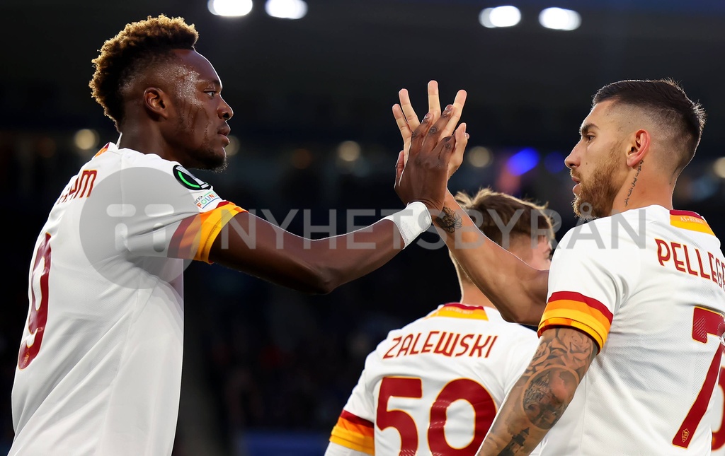 Lorenzo Pellegrini Of Roma Celebrates With Tammy Abraham After He Scores For 0 1 During The Uefa 