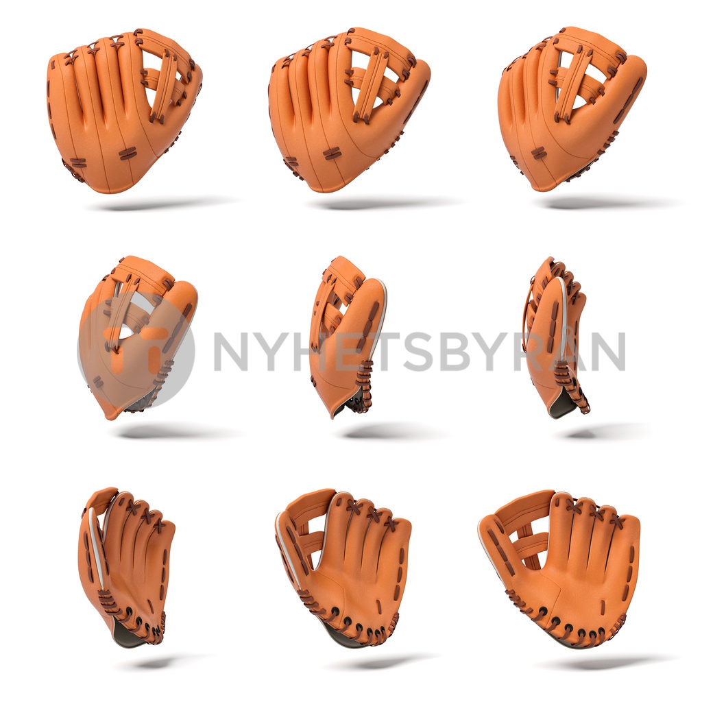 3d rendering of many orange leather baseball gloves in different angles