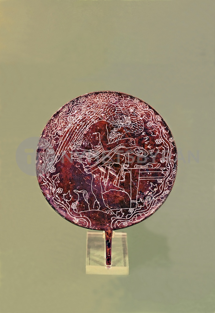 Chalcas Aruspex examining a liver, representation in a bronze mirror.